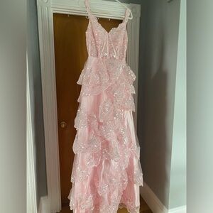 Off the shoulder long pink prom dress with thigh high slit